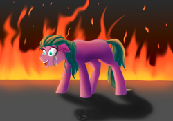 Size: 2388x1668 | Tagged: safe, artist:rand-dums, oc, oc:burnout, oc:tracks, oc:wreckage, earth pony, pony, fallout equestria, fallout equestria: redemption is magic, biker, crying, fire, raider, smiling, solo