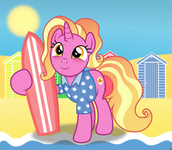 Size: 4002x3500 | Tagged: safe, artist:anime-equestria, luster dawn, pony, unicorn, g4, beach, beach house, blushing, clothes, cute, dunes, female, happy, hawaiian shirt, holding, horn, lusterbetes, mare, sand, shack, shirt, smiling, solo, sun, surfboard, water