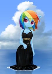 Size: 1000x1407 | Tagged: safe, artist:howxu, rainbow dash, equestria girls, black dress, chibi, clothes, commission, commissioner:ajnrules, cute, dashabetes, dress, little black dress, microphone, rainbow dash always dresses in style, solo, standing in water, wet clothes, wet dress