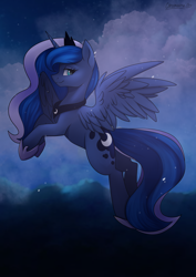Size: 2894x4093 | Tagged: source needed, safe, artist:cottonaime, princess luna, alicorn, pony, mlp fim's tenth anniversary, g4, cloud, female, flying, happy birthday mlp:fim, high res, jewelry, looking at you, mare, night, profile, regalia, sky, smiling, solo