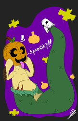 Size: 1200x1848 | Tagged: safe, artist:shappy the lamia, oc, oc:shappy, bat, ghost, hybrid, lamia, original species, undead, semi-anthro, arm hooves, bat wings, belly, black background, caption, chubby, clothes, costume, cute, exclamation point, forked tongue, green, green tail, halloween, halloween costume, holiday, image macro, jack-o-lantern, long tail, nightmare night, nightmare night costume, pumpkin, pumpkin head, puppet, purple background, scales, simple background, sitting, slit pupils, snake eyes, snake tail, solo, spooky, surprised, sweet, text, tongue out, wings, yellow