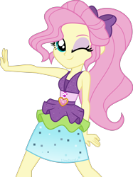 Size: 2994x4000 | Tagged: safe, artist:limedazzle, fluttershy, dance magic, equestria girls, equestria girls series, equestria girls specials, g4, alternate hairstyle, alternate universe, clothes, clothes swap, dress, female, high res, looking at you, one eye closed, ponytail, show accurate, simple background, sleeveless, smiling, smiling at you, solo, transparent background, wink, winking at you