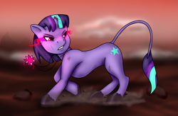 Size: 2445x1605 | Tagged: dead source, safe, artist:gunkye, twilight sparkle, oc, oc only, pony, unicorn, g4, alternate cutie mark, alternate design, alternate universe, broken horn, element of magic, horn, scar, solo, sparking horn