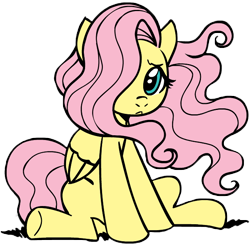 Size: 632x617 | Tagged: safe, artist:megasweet, fluttershy, pegasus, pony, g4, alternate hairstyle, cute, female, hair over one eye, looking at you, mare, shyabetes, sitting, solo, windswept mane
