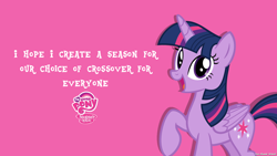 Size: 2560x1440 | Tagged: safe, artist:faze-alan-mskull2019, twilight sparkle, alicorn, pony, unicorn, mlp fim's tenth anniversary, g4, crossover, cute, engrish, female, happy birthday mlp:fim, logo, mare, smiling, solo, text, twiabetes, twilight sparkle (alicorn)