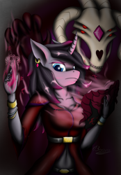 Size: 1709x2458 | Tagged: safe, artist:bomzzzik, fhtng th§ ¿nsp§kbl, oleander (tfh), ghost, undead, unicorn, anthro, them's fightin' herds, book, clothes, community related, dark magic, duo, female, fred, magic, magic book, unicornomicon