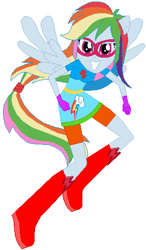 Size: 287x490 | Tagged: safe, artist:selenaede, artist:user15432, rainbow dash, human, equestria girls, g4, base used, blue dress, boots, clothes, cutie mark, cutie mark on clothes, dress, element of loyalty, gloves, high heel boots, high heels, mask, multicolored hair, pegasus wings, ponied up, rainbow dress, rainbow hair, rainbow power, rainbow power-ified, red shoes, shoes, solo, superhero, superhero costume, wings