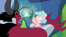 Size: 1280x720 | Tagged: safe, screencap, cozy glow, lord tirek, alicorn, centaur, pony, g4, the ending of the end, alicornified, angry, bell, cozycorn, female, filly, grogar's bell, male, nose piercing, nose ring, piercing, race swap, septum piercing