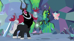 Size: 1920x1080 | Tagged: safe, screencap, cozy glow, lord tirek, queen chrysalis, alicorn, centaur, changeling, changeling queen, pony, g4, the ending of the end, alicornified, bell, bow, cloven hooves, colored hooves, cozycorn, female, filly, grogar's bell, hair bow, male, nose piercing, nose ring, piercing, race swap, rage, septum piercing, trio, ultimate chrysalis