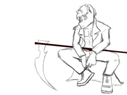 Size: 1200x900 | Tagged: safe, artist:staziroch, oc, oc only, oc:dunkelheit, unicorn, anthro, cigarette, clothes, coat, scythe, sketch, solo, squatting, timberland boots