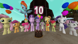 Size: 1280x720 | Tagged: safe, artist:mrm, derpibooru exclusive, apple bloom, applejack, fluttershy, pinkie pie, pound cake, pumpkin cake, rainbow dash, rarity, scootaloo, spike, sweetie belle, twilight sparkle, alicorn, dragon, earth pony, pegasus, pony, unicorn, mlp fim's tenth anniversary, g4, 3d, balloon, black forest cake, cake, food, happy birthday mlp:fim, mane six, portal (valve), revamped ponies, smiling, source filmmaker, the cake is a lie, twilight sparkle (alicorn)