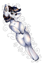 Size: 2452x3572 | Tagged: safe, artist:chazmazda, oc, oc only, pony, art trade, bandaid, bandaid on nose, black and white, dots, freckles, full body, glowing, grayscale, happy, high res, highlight, highlights, hooves, horns, markings, monochrome, photo, shade, shading, shine, shiny eyes, simple background, smiling, solo, tail, transparent background, white