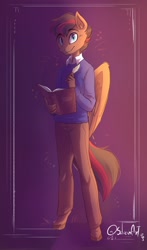 Size: 1291x2200 | Tagged: safe, artist:siliciaart, oc, oc only, pegasus, anthro, unguligrade anthro, book, clothes, commission, looking at you, male, pants, quill pen, smiling, smiling at you, solo, sweater