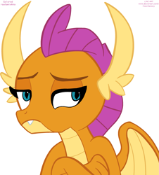 Size: 2379x2637 | Tagged: safe, artist:frownfactory, colorist:rautamiekka, edit, smolder, dragon, g4, colored, colored lineart, crossed arms, dragoness, fangs, female, high res, looking back, signature, simple background, solo, unamused, white background