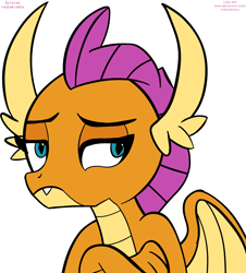 Size: 2379x2637 | Tagged: safe, artist:frownfactory, colorist:rautamiekka, edit, smolder, dragon, g4, black outlines, colored, crossed arms, dragoness, fangs, female, high res, looking back, signature, simple background, solo, unamused, white background
