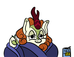 Size: 900x694 | Tagged: safe, artist:velgarn, autumn blaze, kirin, pony, g4, autumn blaze's puppet, beer can, blanket, comfy, drawthread, funny, hooves, kirin beer, kirin beer is pee, requested art, simple background, solo, twig, white background