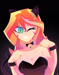 Size: 2448x3126 | Tagged: safe, artist:xan-gelx, sunset shimmer, equestria girls, g4, bare shoulders, bell, bell collar, breasts, busty sunset shimmer, cat ears, catgirl, cleavage, clothes, collar, digital art, female, high res, nyanset shimmer, one eye closed, sexy, shoulderless, sleeveless, slit pupils, smiling, solo, strapless, wink