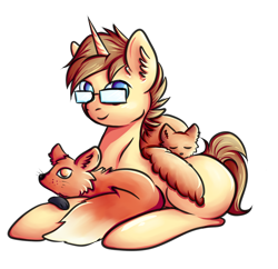 Size: 1688x1635 | Tagged: safe, artist:coco-drillo, oc, oc only, cat, fox, pony, unicorn, ear fluff, glasses, horn, looking at you, lying down, male, no pupils, simple background, smiling, solo, stallion, transparent background, unicorn oc