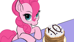 Size: 1920x1080 | Tagged: safe, artist:mercurial64, derpibooru exclusive, pinkie pie, earth pony, pony, mlp fim's tenth anniversary, g4, food, happy birthday mlp:fim, looking at you, pancakes, plate, sitting, smiling, solo, table