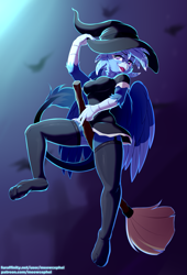 Size: 1295x1900 | Tagged: safe, artist:meowcephei, oc, oc:gurrel, griffon, anthro, anthro oc, broom, clothes, commission, costume, dress, female, flying, flying broomstick, halloween, halloween costume, hat, holiday, night, sketch, solo, stockings, thigh highs, wings, witch, witch hat, ych result