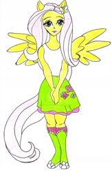 Size: 1280x1965 | Tagged: safe, artist:ladydragonna, fluttershy, equestria girls, g4, 2019, clothes, cutie mark, cutie mark on clothes, ponied up, simple background, skirt, solo, spread wings, traditional art, white background, wings