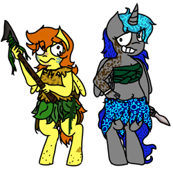 Size: 3000x2940 | Tagged: safe, artist:raypanda, oc, oc only, oc:blair darby, oc:techno horse, alicorn, pegasus, anthro, unguligrade anthro, alicorn oc, duo, grin, high res, horn, knife, pegasus oc, simple background, smiling, spear, transparent background, weapon, wings