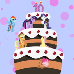 Size: 1500x1500 | Tagged: safe, artist:toshimatsu, derpibooru exclusive, applejack, fluttershy, pinkie pie, rainbow dash, rarity, twilight sparkle, earth pony, pegasus, pony, unicorn, mlp fim's tenth anniversary, g4, applejack's hat, birthday cake, cake, candle, cowboy hat, eyes closed, fire, food, happy birthday mlp:fim, hat, hooves, horn, looking up, motion blur, raised hoof, rearing, simple background, sitting, smiling, tail, wings