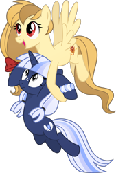 Size: 4363x6455 | Tagged: safe, artist:estories, artist:inaactive, oc, oc only, oc:alice goldenfeather, oc:silverlay, original species, pegasus, pony, umbra pony, unicorn, g4, absurd resolution, female, holding a pony, mare, simple background, transparent background, vector