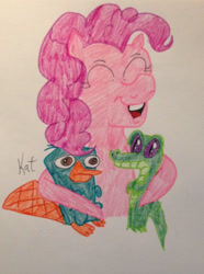 Size: 1504x2021 | Tagged: safe, artist:hazeltail55, gummy, pinkie pie, alligator, earth pony, pony, g4, crossover, cute, eyes closed, perry the platypus, phineas and ferb, traditional art