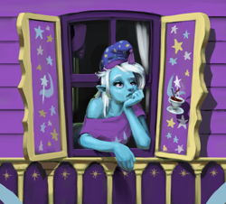 Size: 1594x1444 | Tagged: safe, artist:bunchedupletters, trixie, human, g4, clothes, cup, cutie mark, food, frizzy hair, hat, humanized, loose fitting clothes, nightcap, panties, pony ears, sleepy, solo, tea, trixie's hat, trixie's nightcap, trixie's wagon, uncanny valley, underwear, window