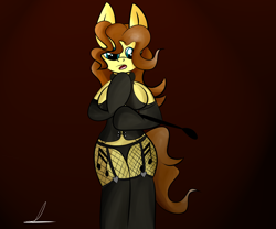 Size: 3000x2500 | Tagged: safe, artist:almaustral, oc, oc only, oc:billy rose, earth pony, anthro, arm hooves, both cutie marks, breasts, clothes, earth pony oc, fishnets, high res, riding crop, signature, solo, underwear