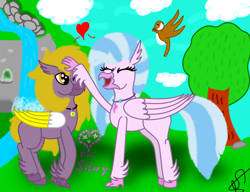 Size: 1280x985 | Tagged: safe, artist:profyurko, silverstream, oc, oc:yutaka deo, bird, classical hippogriff, hippogriff, g4, banana wings, birb, canon x oc, cave, cloud, cute, deostream, diastreamies, digital art, flower, happy, heart, hippogriff oc, jewelry, necklace, petting, rock, shipping, tree, waterfall