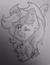 Size: 3072x3975 | Tagged: safe, artist:silentwolf-oficial, oc, oc only, pony, unicorn, bust, chest fluff, hat, high res, horn, lineart, monochrome, one eye closed, open mouth, signature, smiling, solo, traditional art, unicorn oc, wink