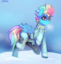 Size: 1676x1766 | Tagged: safe, artist:aaa-its-spook, rainbow dash, pegasus, pony, g4, clothes, fallout, female, snow, solo, uniform