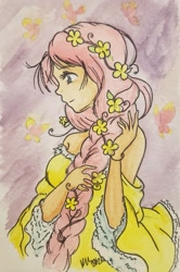 Size: 1277x1923 | Tagged: safe, artist:officiallemonpi, fluttershy, butterfly, human, g4, alternate hairstyle, braid, clothes, cute, dress, female, floral head wreath, flower, flower in hair, humanized, off shoulder, profile, shyabetes, solo, traditional art, yellow dress