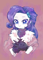 Size: 938x1312 | Tagged: safe, artist:osawari64, rarity, equestria girls, g4, bust, clothes, cute, female, gloves, jacket, looking at you, purple background, raribetes, simple background, smiling, solo, sweater, winter outfit