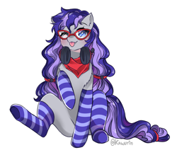Size: 3218x2911 | Tagged: safe, artist:kawurin, oc, oc only, oc:cinnabyte, earth pony, pony, clothes, commission, glasses, headphones, high res, pigtails, simple background, sitting, sketch, socks, solo, striped socks, tongue out, white background