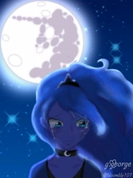 Size: 1200x1600 | Tagged: safe, artist:bloomlily101, princess luna, human, g4, choker, clothes, crown, crying, cutie mark, cutie mark on clothes, humanized, implied nightmare moon, jewelry, mare in the moon, moon, pony coloring, regalia, sad, solo