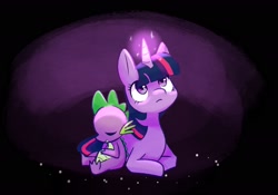 Size: 2100x1467 | Tagged: safe, artist:inkstones, spike, twilight sparkle, dragon, pony, unicorn, g4, black background, cute, duo, eyes closed, female, glowing horn, horn, lying down, male, mare, prone, simple background, sitting, spikabetes, twiabetes, unicorn twilight