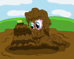 Size: 2000x1600 | Tagged: safe, artist:amateur-draw, pinkie pie, earth pony, pony, mlp fim's tenth anniversary, g4, anniversary, cake, female, food, mare, mud, mud pie, mud play, muddy, simple background, sitting