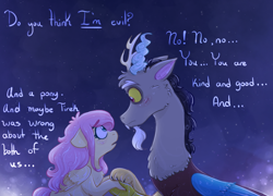 Size: 732x528 | Tagged: safe, artist:fluttershyfilly-yay, discord, fluttershy, draconequus, pegasus, pony, g4, blushing, bust, dialogue, eye contact, eyebrows, eyebrows visible through hair, female, floppy ears, folded wings, holding hooves, looking at each other, male, mare, night, open mouth, profile, ship:discoshy, shipping, straight, thick eyebrows, wings
