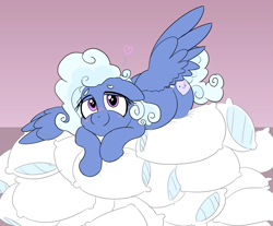 Size: 3627x3000 | Tagged: safe, artist:comfyplum, oc, oc only, oc:comfy pillow, pegasus, pony, blushing, cute, female, heart, high res, looking at you, lying down, mare, pegasus oc, pillow, pillow pile, soft, solo, wings