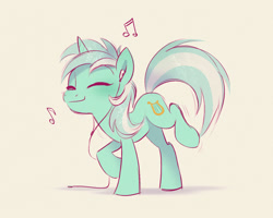 Size: 1500x1200 | Tagged: safe, artist:imalou, lyra heartstrings, pony, unicorn, g4, dancing, drawthread, earbuds, eyes closed, headphones, music, music notes, requested art, solo