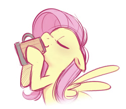 Size: 1358x1181 | Tagged: safe, artist:imalou, fluttershy, pegasus, pony, g4, chugging, cider, cider mug, cute, drawthread, drinking, eyes closed, female, floppy ears, mare, mug, requested art, shyabetes, simple background, solo, white background
