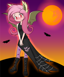 Size: 2600x3100 | Tagged: safe, artist:caoscore, fluttershy, human, g4, blushing, boots, clothes, costume, eared humanization, fake ears, fake wings, flutterbat costume, halloween, high res, holiday, humanized, mare in the moon, moon, shoes, solo, stockings, thigh highs, winged humanization, wings