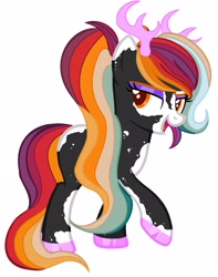 Size: 1703x2160 | Tagged: safe, oc, oc only, deer, deer pony, original species, pony, cloven hooves, hoof polish, multicolored hair, open mouth, rainbow hair, raised hoof, simple background, solo, white background