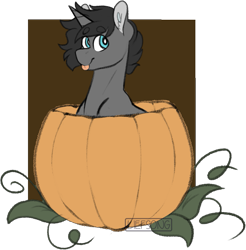 Size: 1123x1142 | Tagged: safe, artist:liefsong, oc, oc only, oc:wilson, pony, unicorn, :p, ear fluff, male, pumpkin, simple background, stallion, tongue out, transparent background