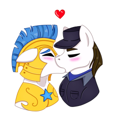 Size: 1799x1838 | Tagged: safe, artist:acuteapoot, oc, oc only, oc:broadshield, oc:rough seas, earth pony, pegasus, pony, armor, blushing, brothers, cap, clothes, eyes closed, floppy ears, gay, hat, heart, helmet, incest, kissing, male, royal guard, shirt, siblings, simple background, stallion, transparent background