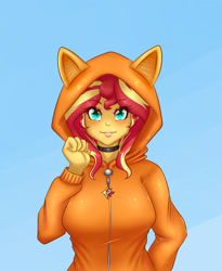 Size: 1800x2200 | Tagged: safe, artist:albertbm, sunset shimmer, equestria girls, g4, breasts, busty sunset shimmer, clothes, collar, costume, cute, eye clipping through hair, female, hoodie, kigurumi, looking at you, shimmerbetes, solo