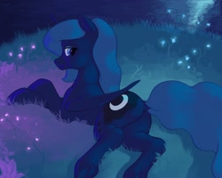 Size: 2500x2000 | Tagged: safe, artist:escapist, princess luna, alicorn, pony, g4, butt, dock, female, flower, frog (hoof), high res, looking at you, looking back, looking back at you, lying down, mare, missing accessory, moonbutt, night, plot, profile, prone, redraw, solo, underhoof, water